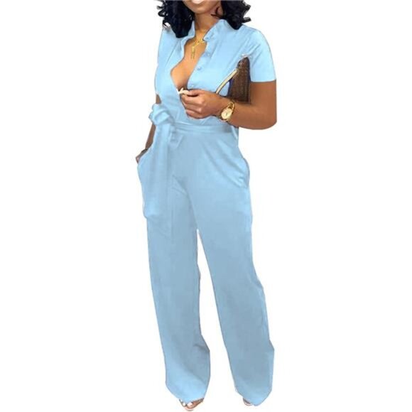 Women‘s Elegant Jumpsuit Casual Stand Collar Button Down...